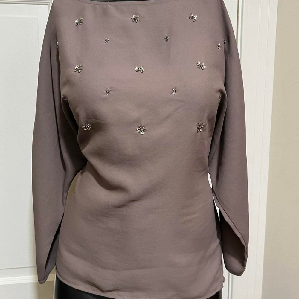 Loft Womens Tan Sequin Beaded Blouse Shirt Size XS